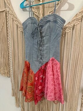 Dolls Kill Denim Corset Mini Dress with Pink & Red Floral Panels